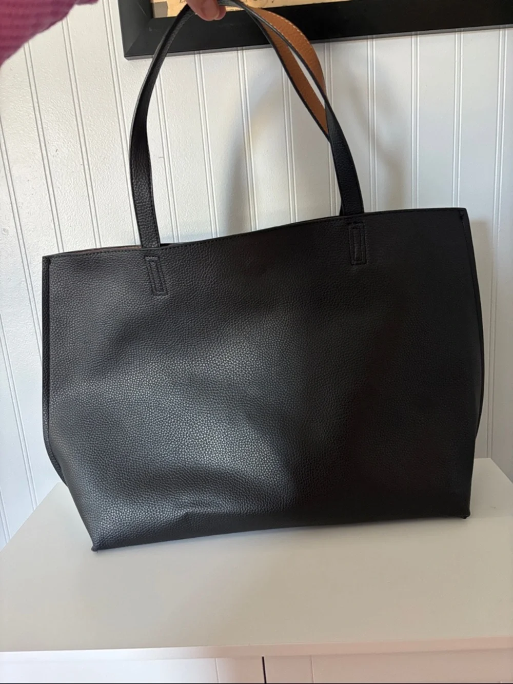 Large Black Leather Tote with Brown Accents